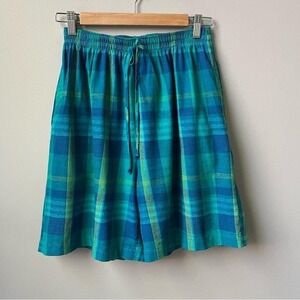 Vintage Shorts Women's Medium Linen Blend Plaid Green Blue Coastal Preppy Summer